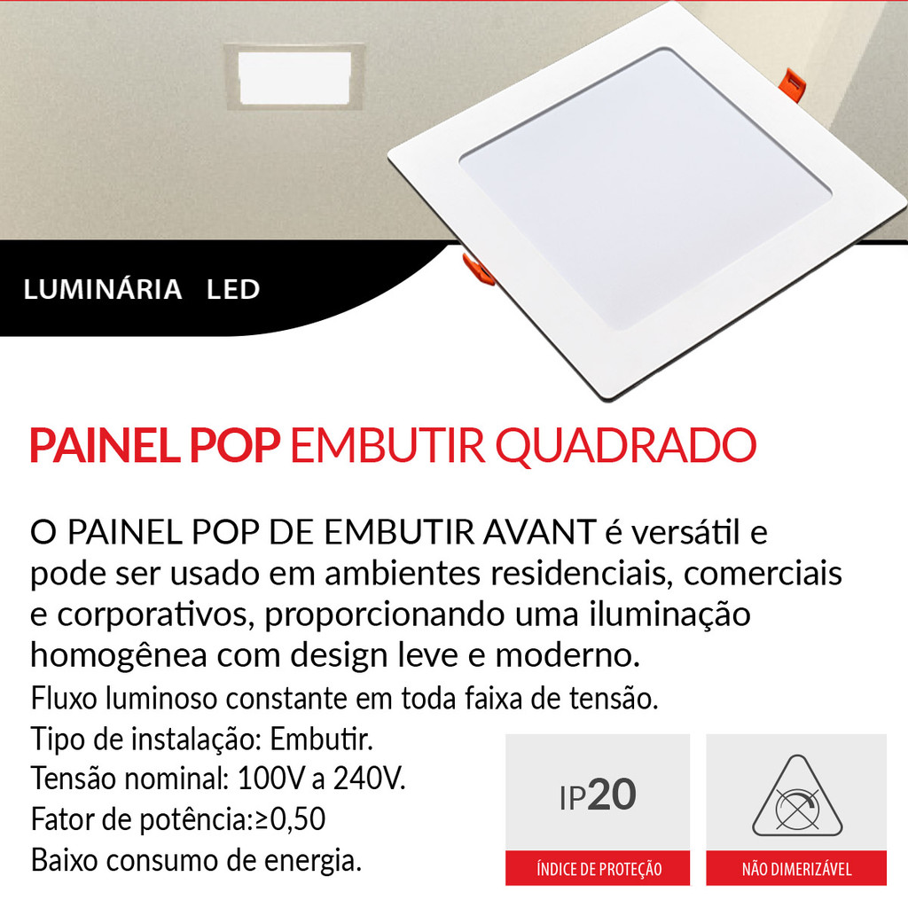 Detalhes do Painel Plafon Quadrado Embutir 18W Luz Neutra 4000K Luminária de Gesso Forro 127v 220v Avant