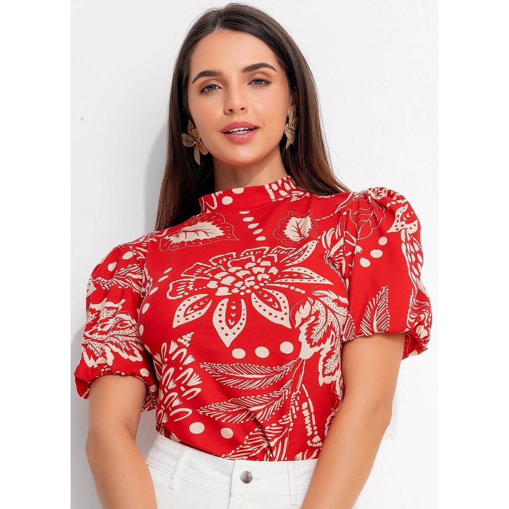 Blusa Em Malha De Viscose Floral Vermelho Quintess - Women Clothes