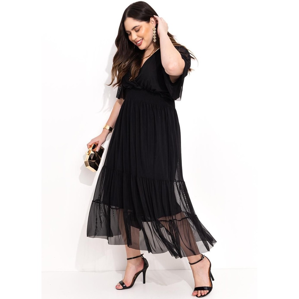 Vestido Midi Em Tule Preto Quintess em Oferta na Shopee