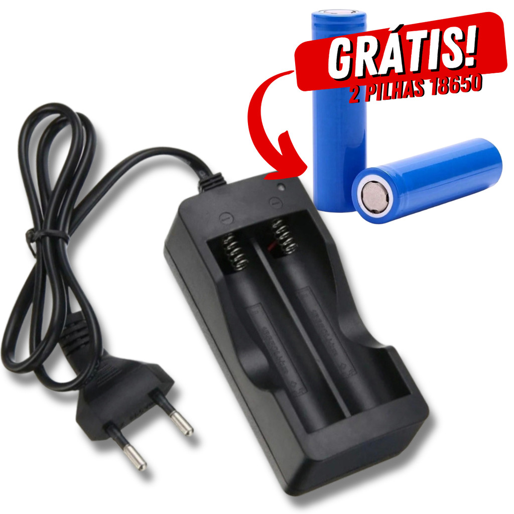 Carregador duplo + pilhas recarregáveis 18650 em Oferta na Shopee