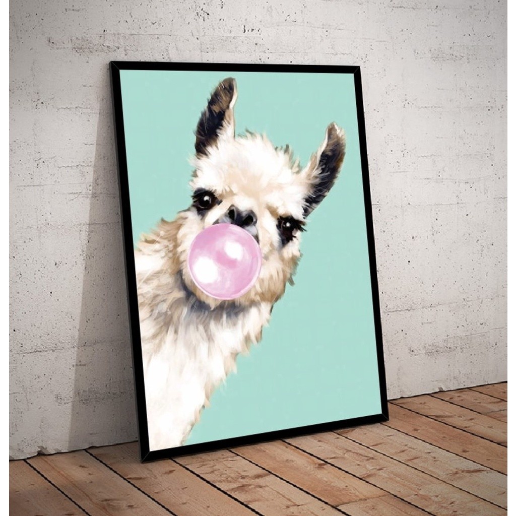 Quadro decorativo 1 peça 20x30 animais com chiclete rosa descontraído alegra para quarto sala hall