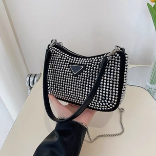 Bolsa Feminina Pequena Transversal Alça de Corrente Prata Brilho Cristais Strass