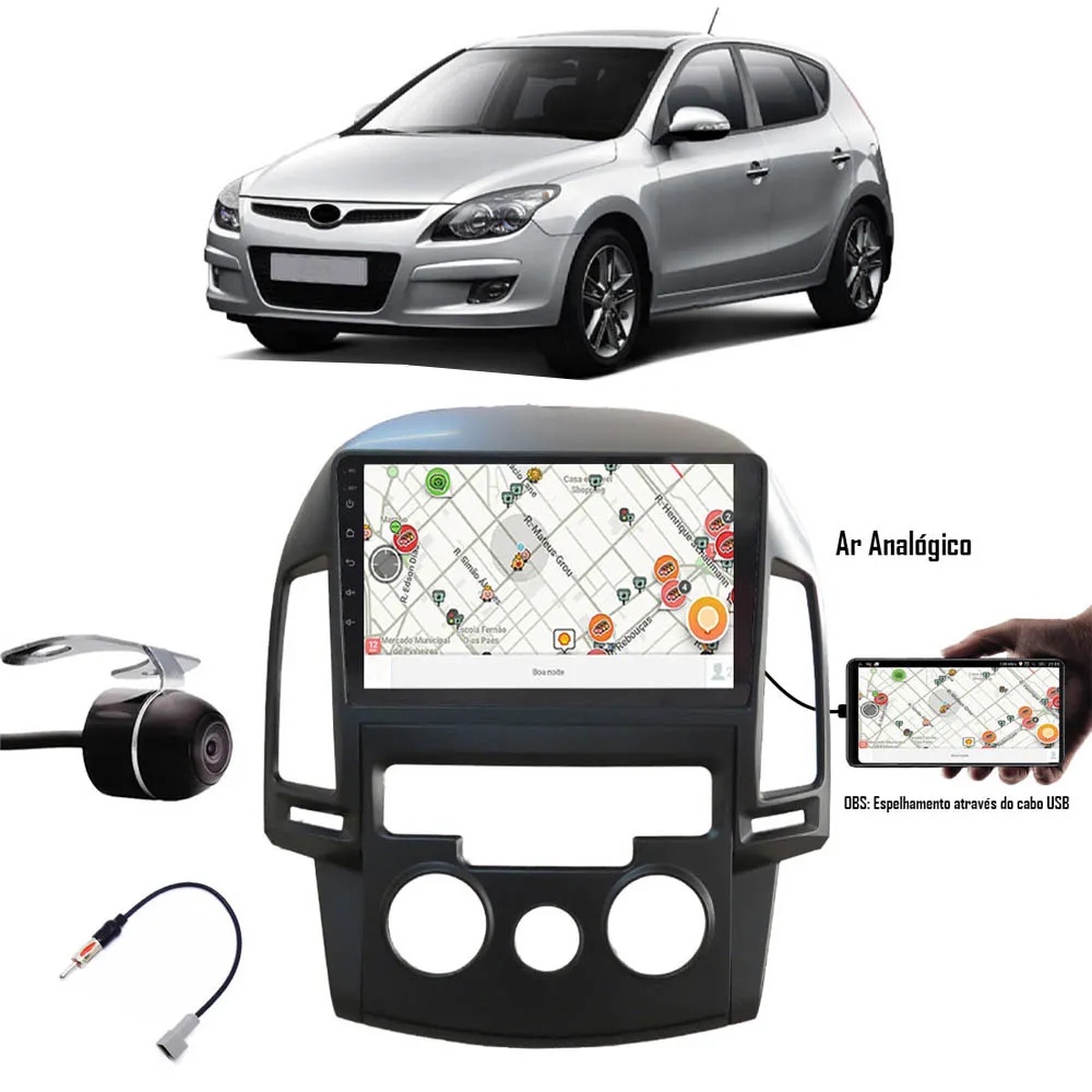Multimídia 9" Hyundai I30 2009 até 2013 Espelhamento USB Bluetooth + Câmera Ré + Moldura + Adaptador de Antena