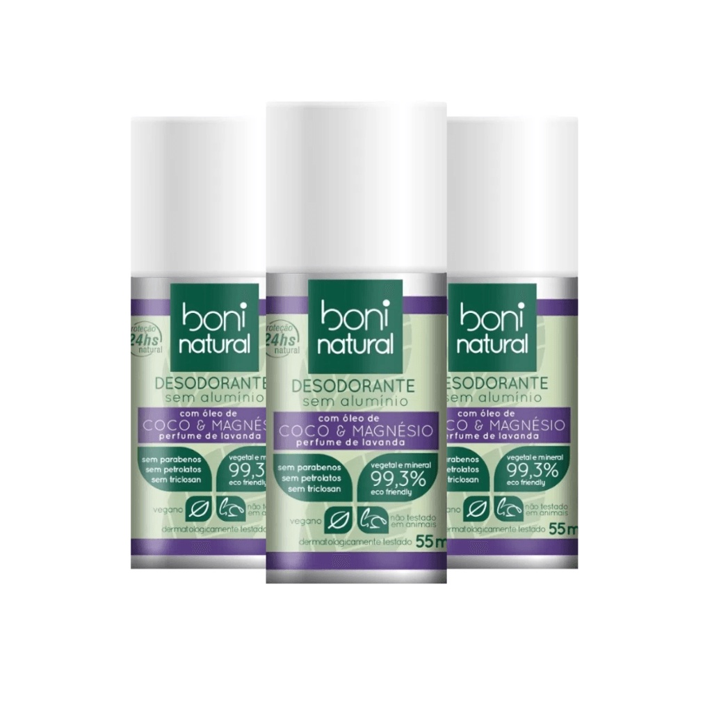 Kit 3 Desodorante Roll-on Coco, Magnésio e Lavanda 55ml - Boni Natural