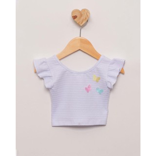 Blusa Bebê Manga Curta Cropped Texturizada Com Apliques Borboleta Branca