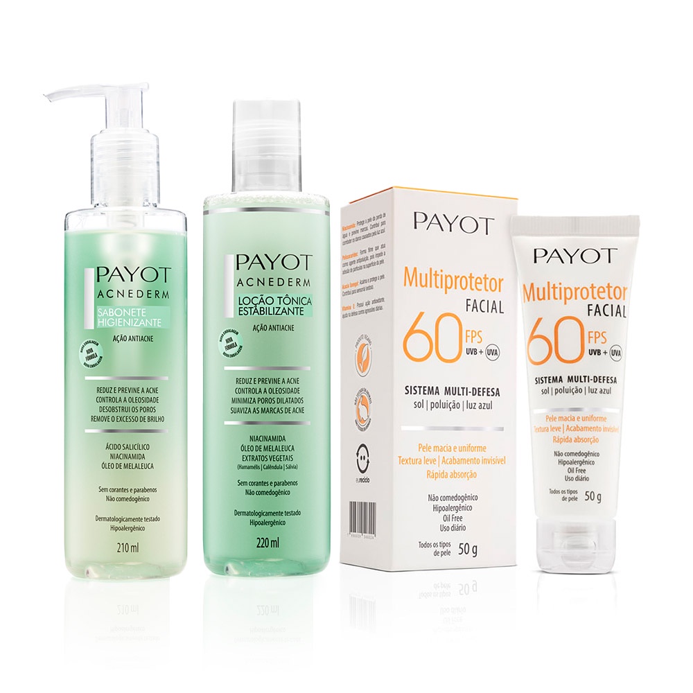 Kit Limpeza e Tonificação Acnederm + Proteção FPS 60 Payot em Oferta na Shopee