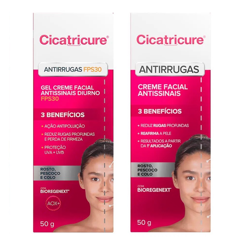 KIT ANTIRRUGAS CICATRICURE CREME DIURNO FPS30 + NOTURNO ANTISSINAIS - Beauty
