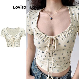 Lovito Casual Ditsy Floral Camiseta Cropped Feminina com Laço de Amarra L62ED029 (Damasco)
