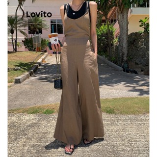 Lovito Casual Macacão Feminino Liso de Amarrar LNE30110 (Cáqui/Preto)