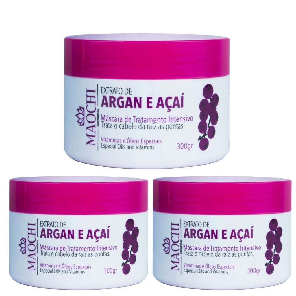 Kit 3UN Mascara De Hidratacao Tratamento Intensivo Ativos Organicos Argan E Acai 300g Brilho e Reposicao de Vitaminas Profissional Uso Liberado