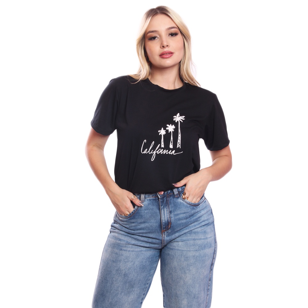 Tshirt Blusa Feminina Coqueiros California Estampada Manga Curta Camiseta Camisa Preto