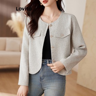 Lovito Elegante Blazer Feminino Liso com Botão LNA30077 (Cinza/Preto)