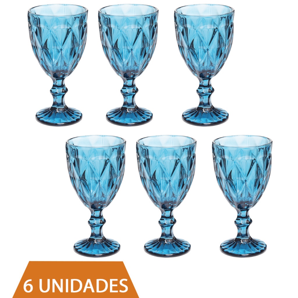 Conjunto 6 Copos Taça Azul Diamante 300ml Para Agua Vinho