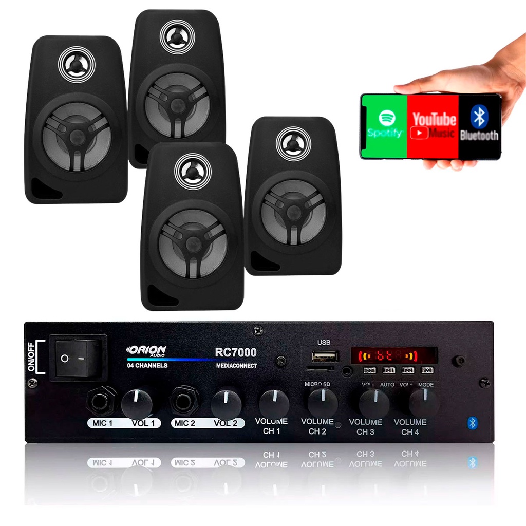 Amplificador Som Ambiente 500 Watts Blue 4 Canais Orion + 4 Caixas de Som LeSon 4" 70w 8 Ohms Preta em Oferta na Shopee