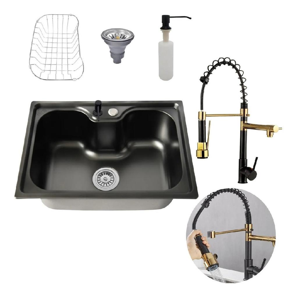 Cuba Cozinha Gourmet Aço Inox Luxo Preto + Torneira Flexível