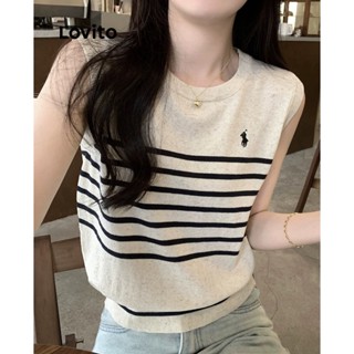 Lovito Top De Malha Básica Com Bordado Listrado Casual Para Mulheres LNE34061 (Damasco/Azul Marinho)
