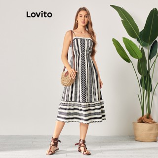 Lovito Vestido Boho Listrado com Franzidos para Mulheres LBL06098 (Preto e Branco)