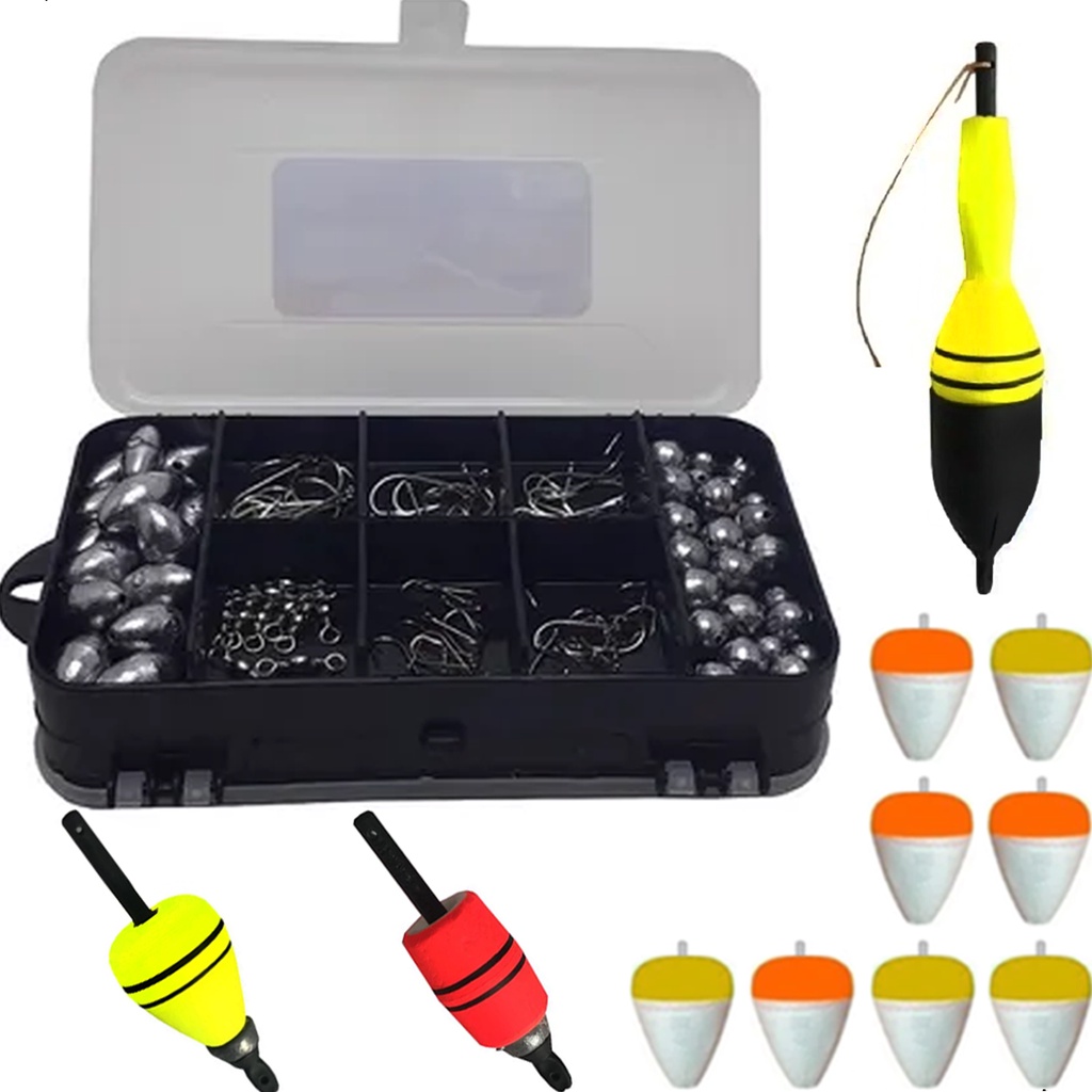 Kit Pesqueiro Com Boias Chumbos Anzóis Giradores Organizador em Oferta na Shopee