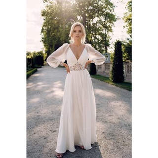 Vestido De Noiva Feminino Longo Festa De Casamento Slim V-Neck Long Sleeve Branco Cor De Praia