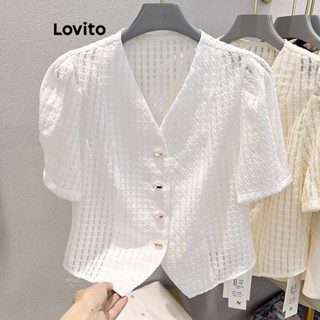 Lovito Blusa Casual De Botão Liso Para Mulheres LNL37095 (Damasco/Branco)