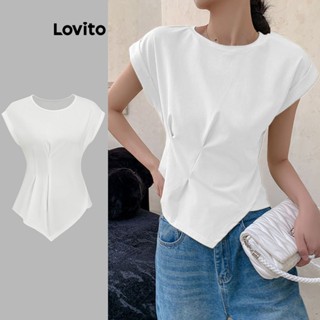 Lovito Camiseta Feminina Casual Lisa Assimétrica Plissada L77ED047