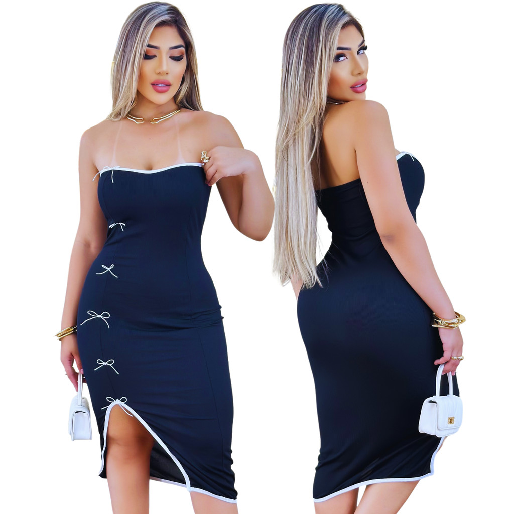 Vestido Ribana Feminino Tomara Que Caia Detalhe de Laço Fenda Lateral Comprido Canelado Tubinho