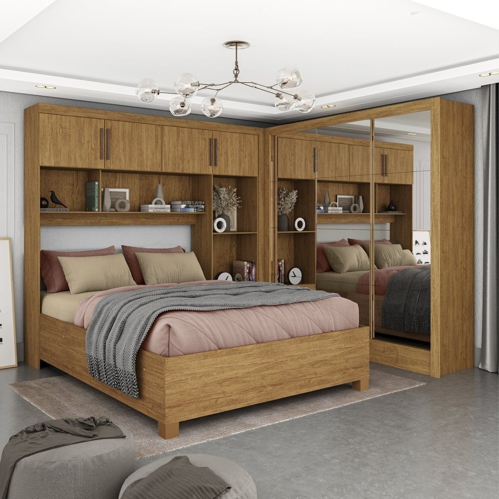 Guarda-roupa Casal Modulado 4 Portas com Cama Santiago 3 Portas Premium 5 Gaveta com Espelho Cinamomo - Mom & Baby