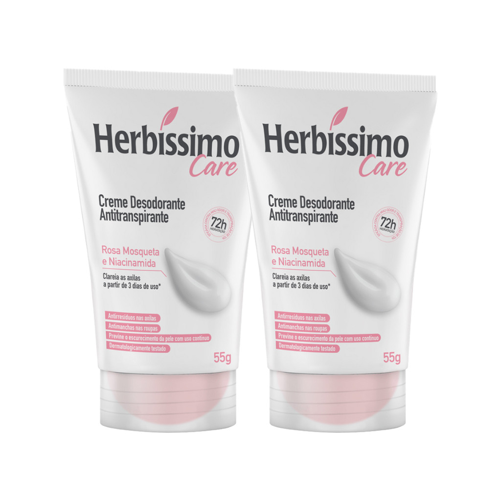 Kit C/2 Creme Desodorante Antitranspirante Herbíssimo Care Rosa Mosqueta e Niacinamida 55g em Oferta na Shopee