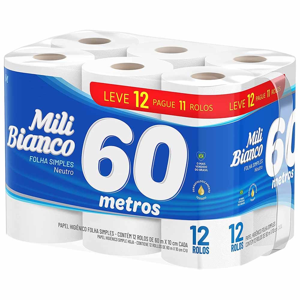 12 Rolos Papel Higiênico Bianco 60 metros Folha Simples L12P11 Mili