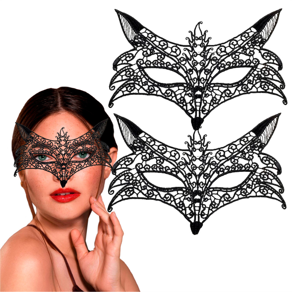 02 Máscaras de Renda Preta Olhos de Raposa Sexy Festa Baile Fantasia Carnaval