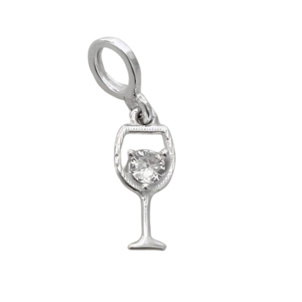 Pingente Berloque Taça de Vinho Cravejada com Zircônia Cristal em Prata 925 Legítima