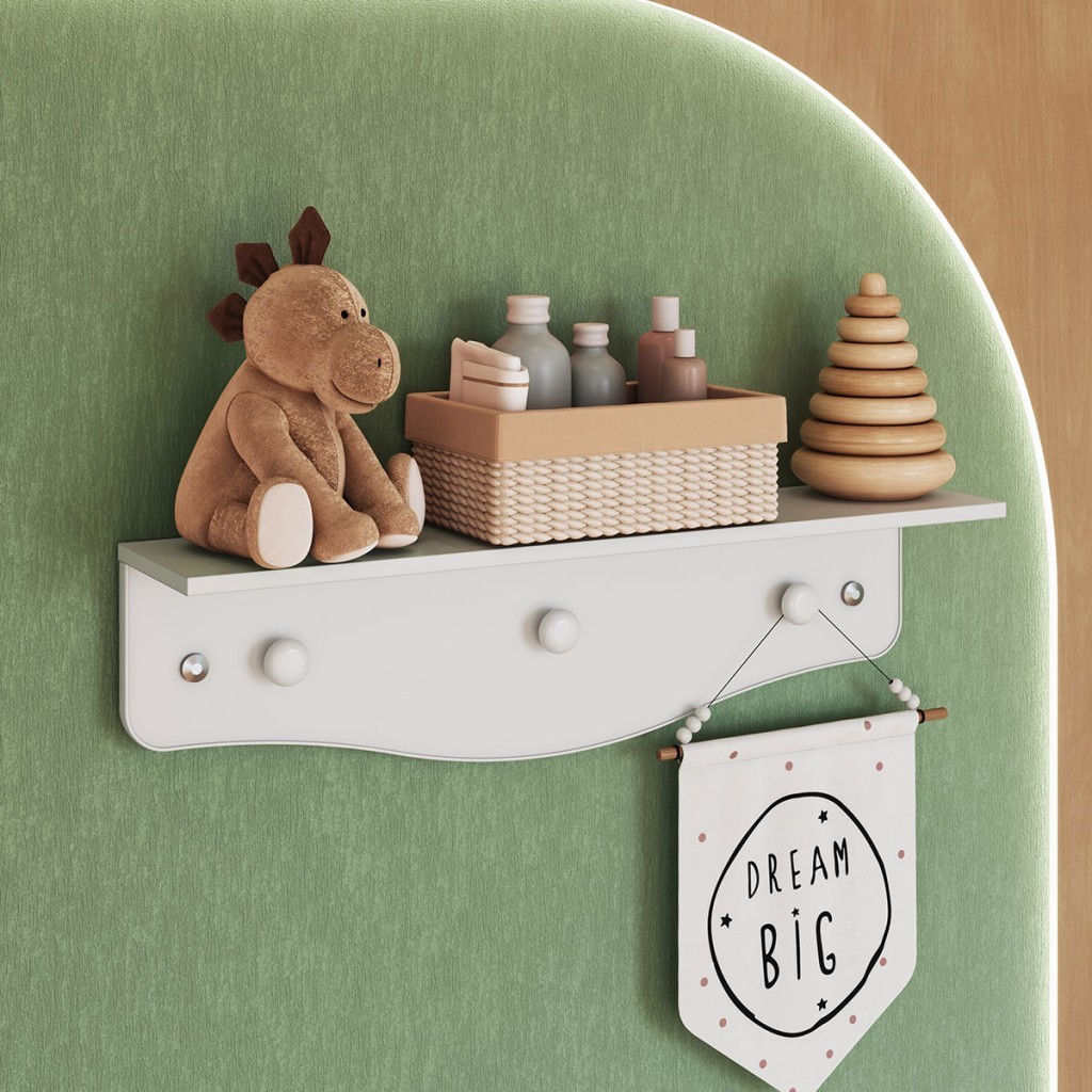 Prateleira Infantil com Cabideiro Linha Encanto cor Branco - Home & Living