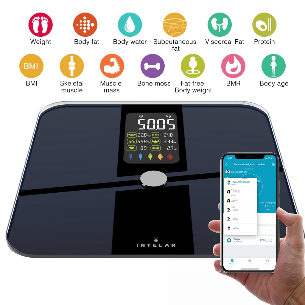 Balança Bioimpedância Digital Tuya App em português Exclusive Balança USB Digital Bioimpedância 180KG Display Lcd Bluetooth Aplicativo Fitness Treino Balança De Banheiro