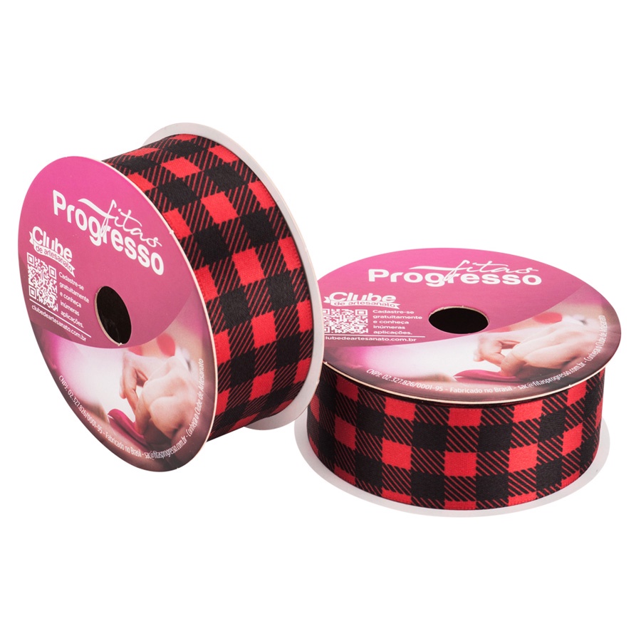 Fita de Cetim ECF007TR 30mm - Cor 006 - Xadrez Vermelho e Preto - Rolo 10 metros  - 1 unidade - Progresso  - Rizzo - Stationery