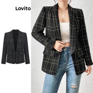 Lovito Elegante Blazer Feminino Xadrez com Forro Básico L65ED065 (Preto e Branco)