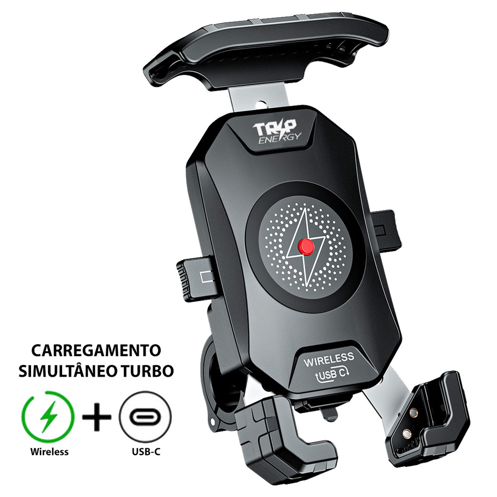 Suporte Celular Moto Carregamento USB C 20W e Indução 15W Resistente Água Carregamento Simultâneo e Rápido