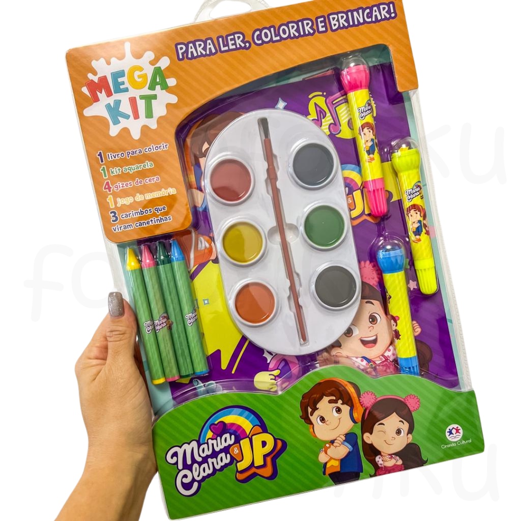 Mega Kit Livro Infantil Colorir - Maria Clara e JP - Ler, colorir e brincar - Com Giz de Cera Canetinha Aquarela Carimbo Roller