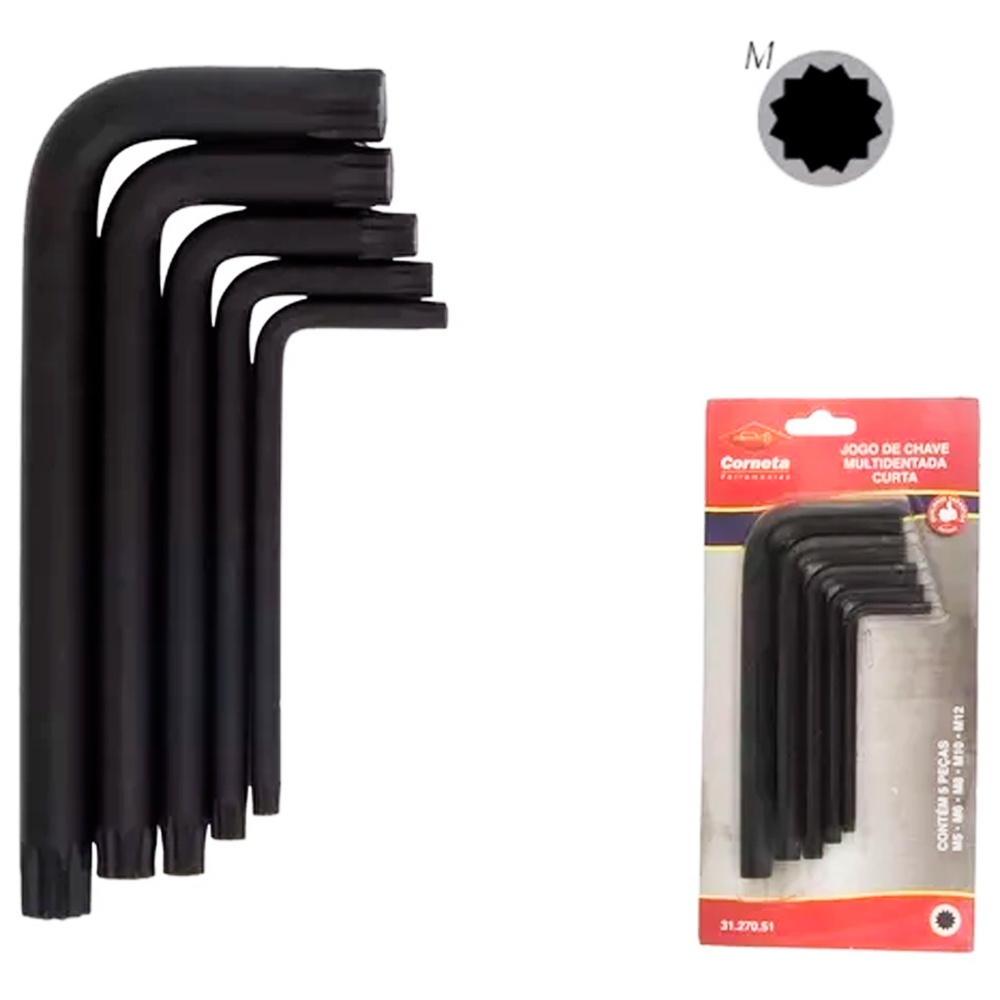 Kit Jogo De Chave Multidentada 5 Peças Curta Em Aço Cr-V Cromo Vanádio - Corneta Profissional Torque