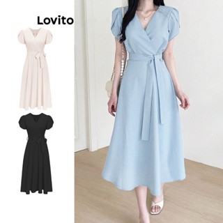 Lovito Casual Liso Vestido Evasê Feminino com Cinto L65ED138 (Damasco/Azul)