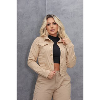 JAQUETA JEANS FEMININA BEGE ELEGANTE