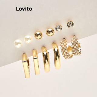 Lovito Conjuntos de Brincos Vintage Básicos de Metal com Geometria e Pérolas Resinadas Hipoalergênicas para Mulheres LCS01016