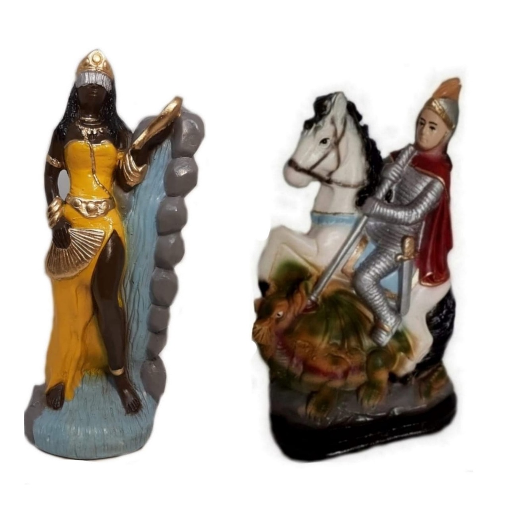 Escultura Estatueta Imagem Orixá Oxum E Ogum São Jorge Candomblé Umbanda Estátua Em Gesso 22cm Altar Congá