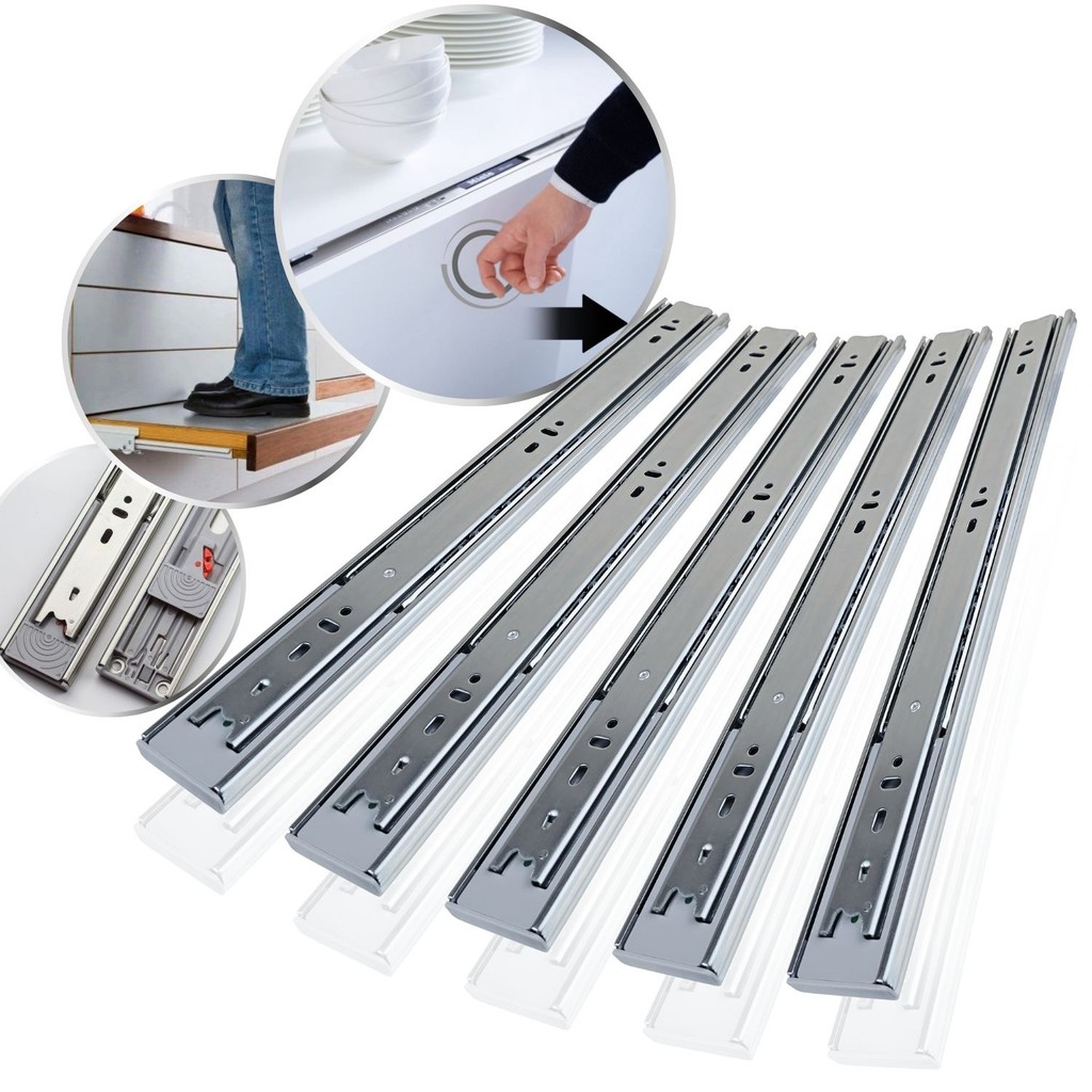 10 Corrediça Telescópica H45 30cm Fecho Toque Push Open 5Par Abertura Automática 300mm 45Kg Trilho Reforçada Larga