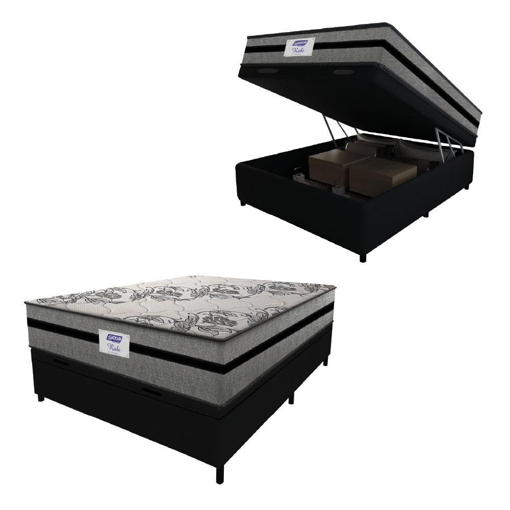 Cama Box Baú Casal Colchão Gazin Com Molas Ensacadas Rubi 138x188x73cm Suede Preto/Cinza em Oferta na Shopee