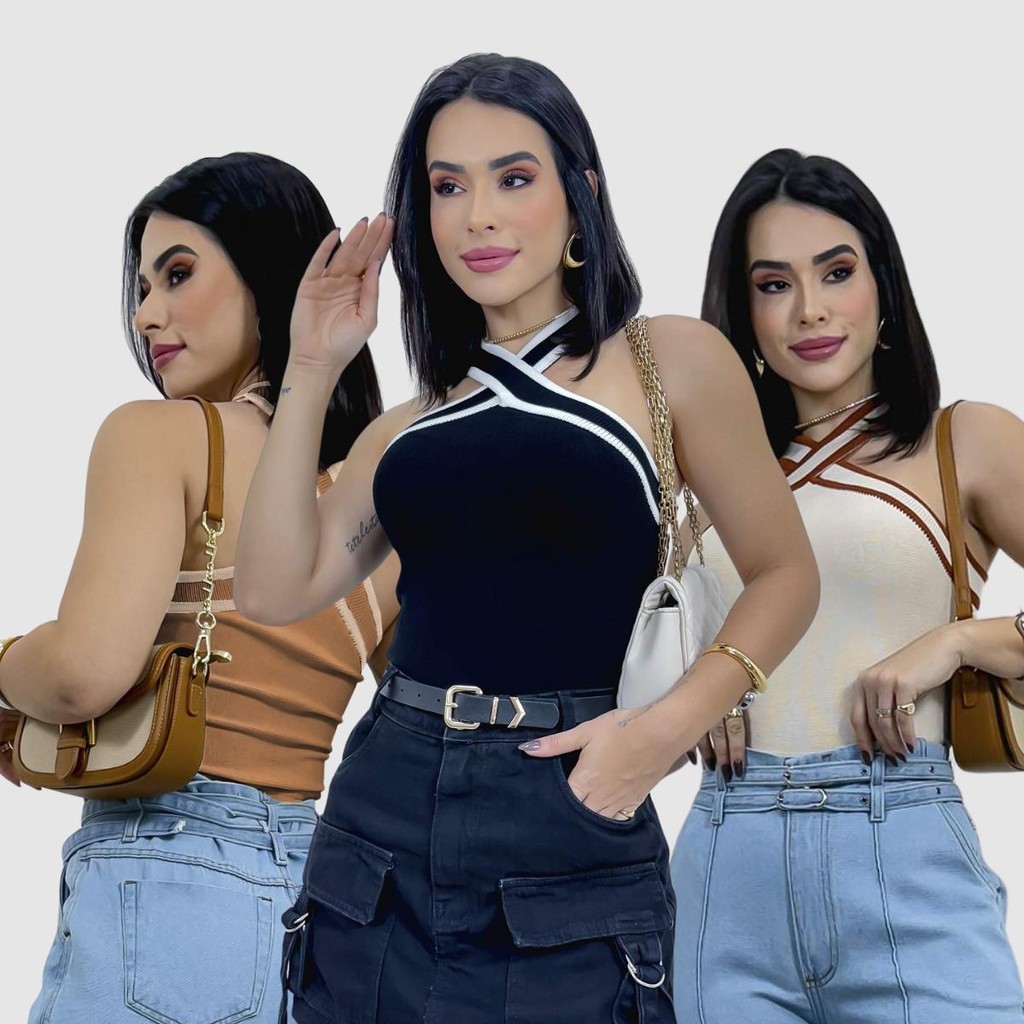 Kit 3 Cropped Trico Modal Regata Decote Cruzado Social Top