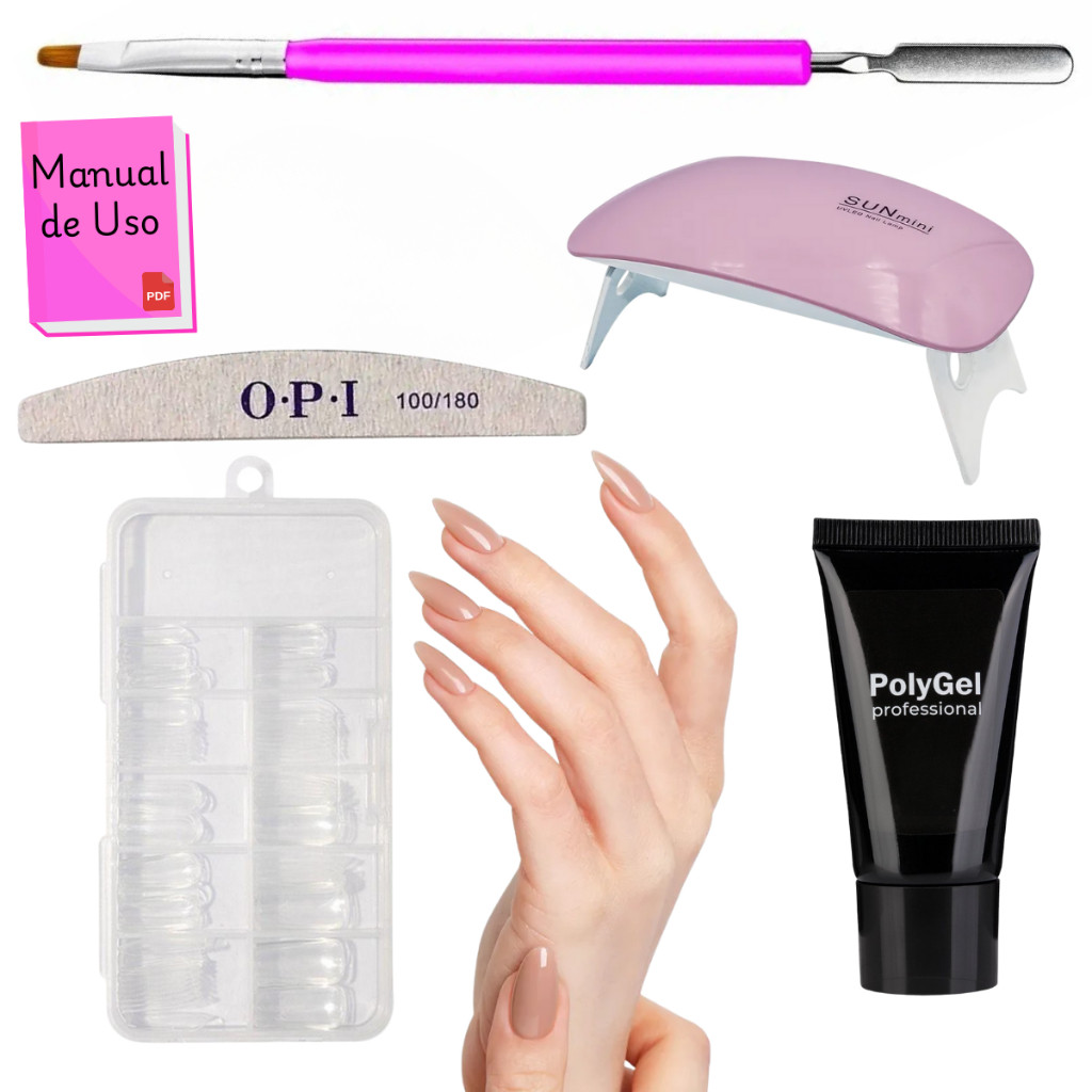 Kit Alongamento Poligel Polygel + Molde F1 + Lixa + Mini Cabine De Unha + Pincel 02 em 1
