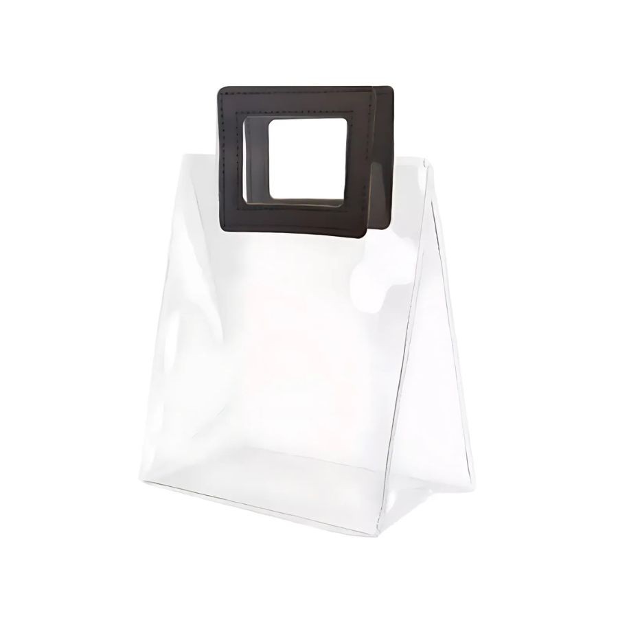 Sacola Transparente PVC com Alça Quadrada de Couro Preto - 26x22x12cm - 10 unidades - Rizzo - Home & Living