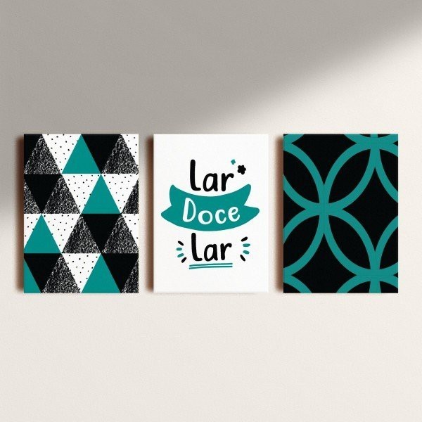 Quadrinho decorativo 3 peças Lar doce Lar azul/branco/preto