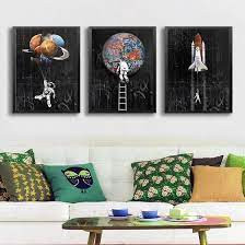 Quadros Decorativo 3 peças 20x30 Mosaico Mdf Alta Resolução Full HD astronauta foguete lunático para sala quarto
