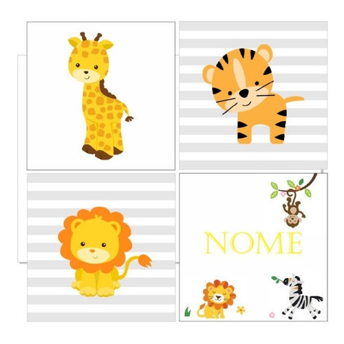 Kit4 Placas/quadros Dec Infantil Quarto Bebe Safari + Nome